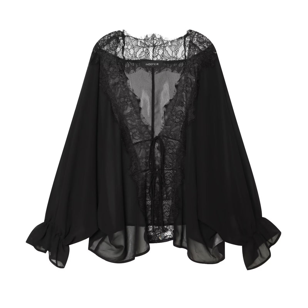 Damen Fließende Kimono‑Bluse mit Spitzenbesatz und Bindeband Nord Taschen