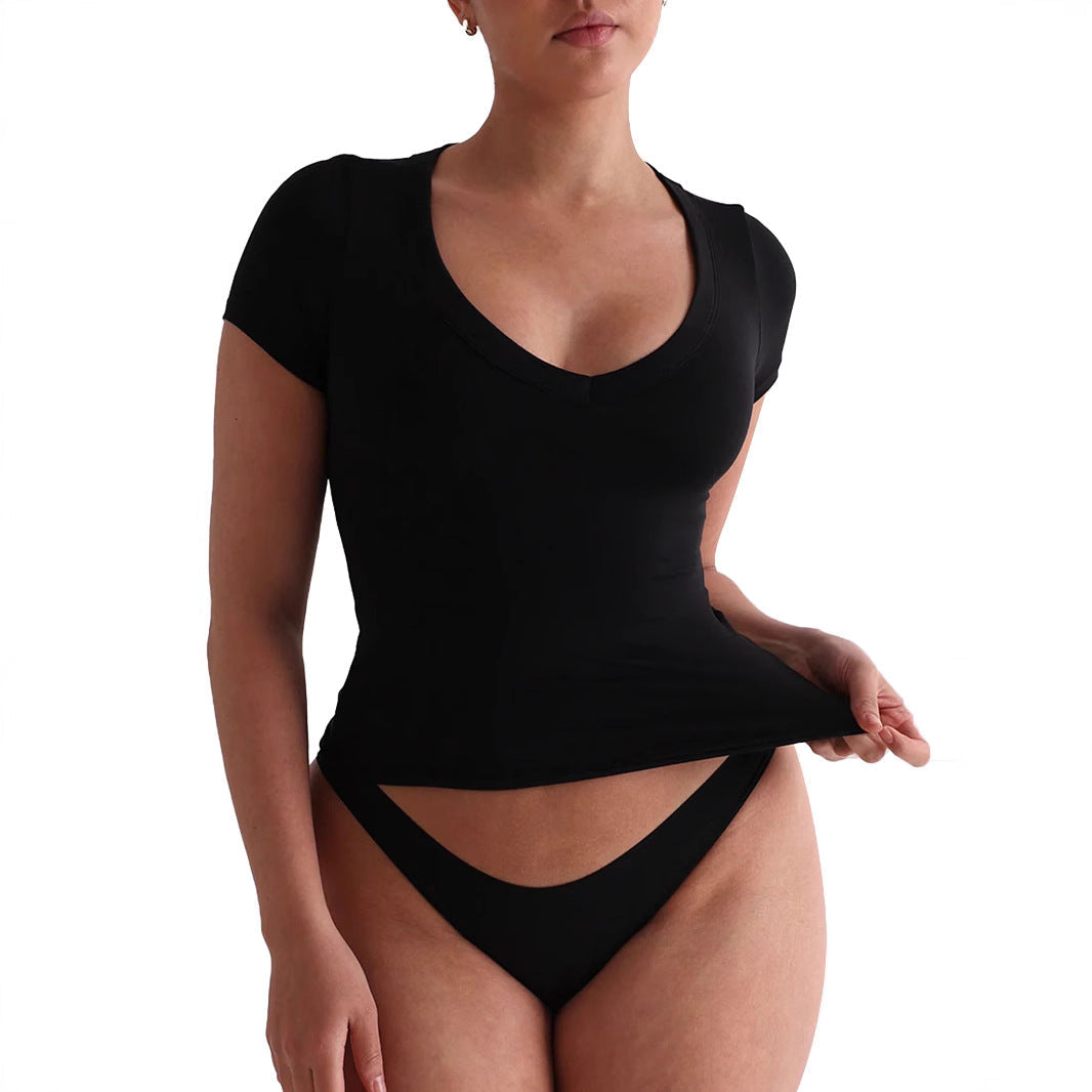 Damen figurbetontes V-Neck T-Shirt mit kurzen Ärmeln