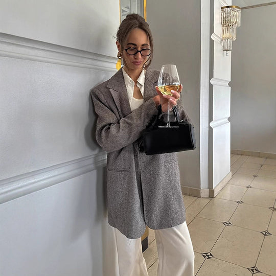 Damen Langer oversized Wollmix-Mantel mit einreihiger Knopfleiste, fallendem Revers und Eingrifftaschen Nord Taschen