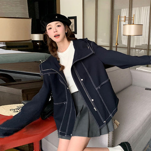 Damen Kurzjacke mit hohem Stehkragen, kontrastierenden Ziernähten und kastiger Oversize‑Silhouette Nord Taschen