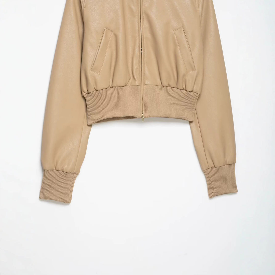 Damen Kurz geschnittener Lederblouson mit hohem Rippkragen Nord Taschen