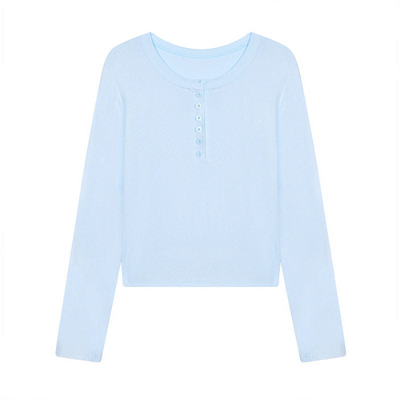 Damen Kurz geschnittenes Henley Langarmshirt aus Baumwolljersey mit Knopfleiste Nord Taschen