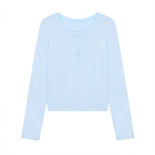 Damen Kurz geschnittenes Henley Langarmshirt aus Baumwolljersey mit Knopfleiste Nord Taschen