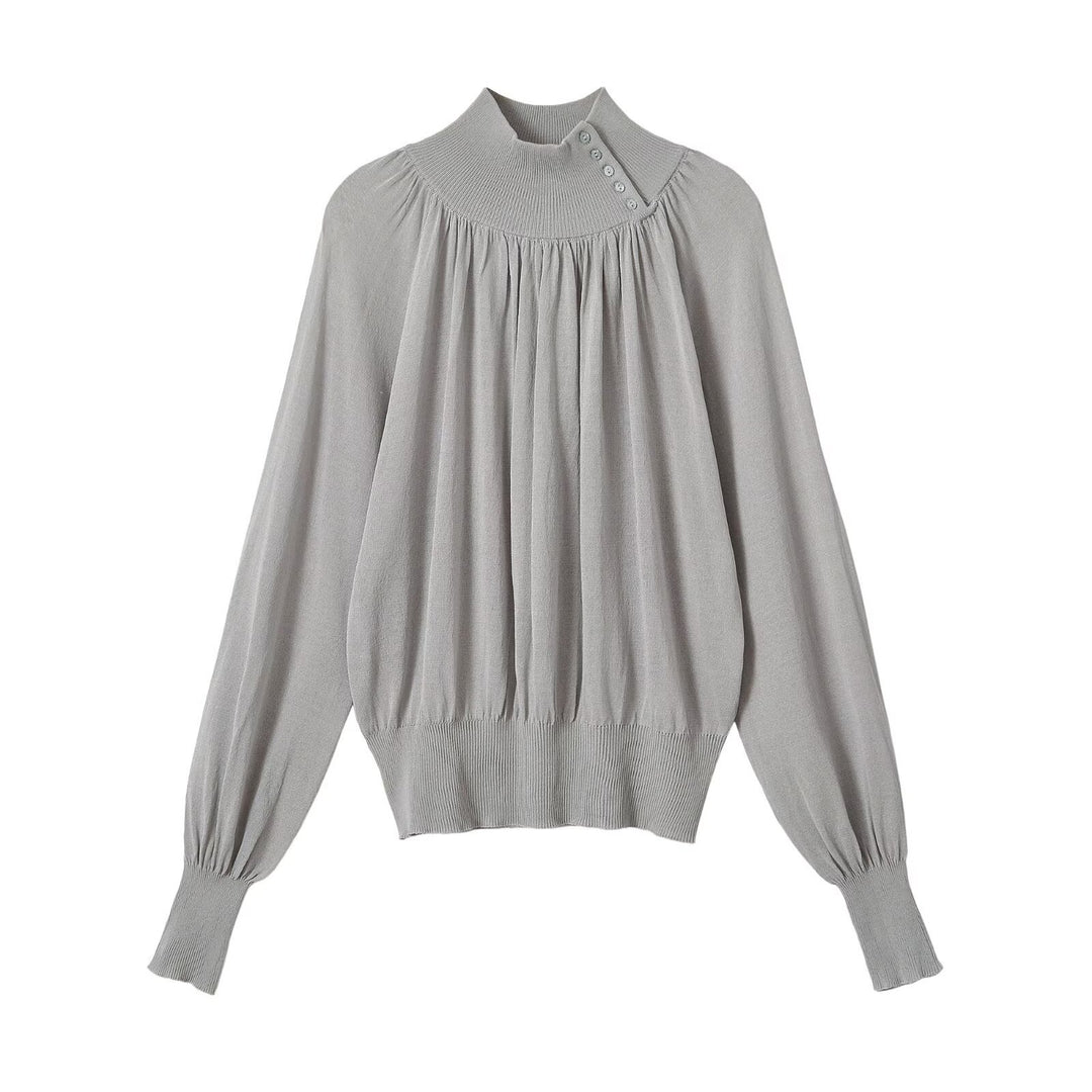 Damen Ballonärmel-Feinstrickpullover mit gerafftem Stehkragen und Knopfdetail Nord Taschen