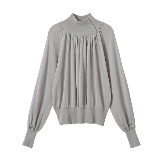 Damen Ballonärmel-Feinstrickpullover mit gerafftem Stehkragen und Knopfdetail Nord Taschen