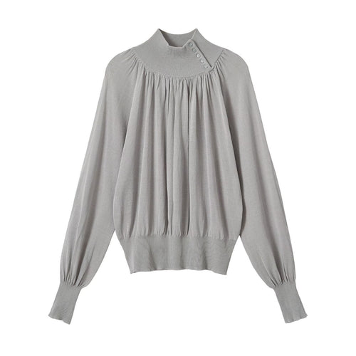Damen Ballonärmel-Feinstrickpullover mit gerafftem Stehkragen und Knopfdetail Nord Taschen