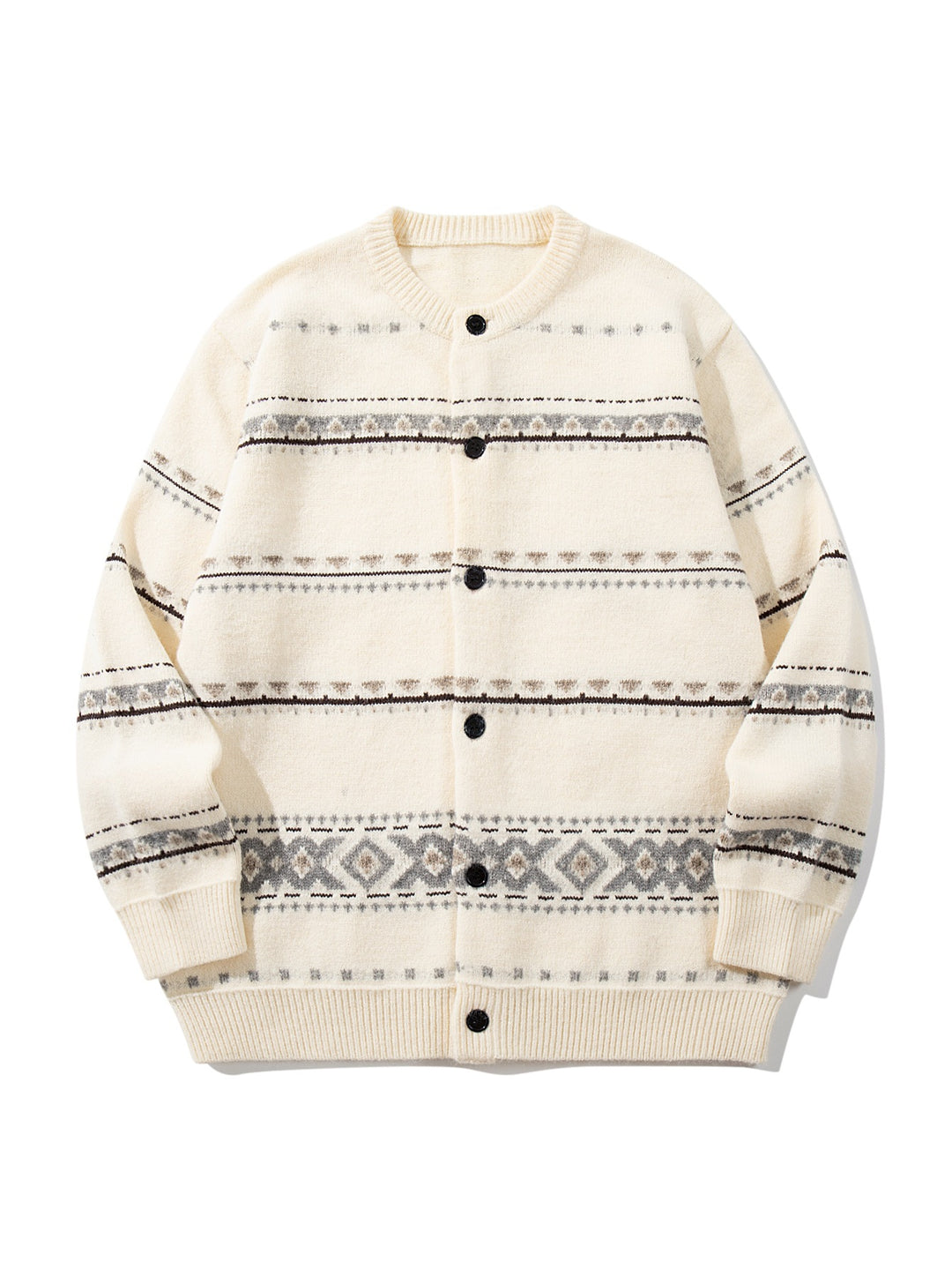 Unisex Strukturierte Jacquard-Strickjacke mit Rundhalsausschnitt, Oversize-Passform und Knopfleiste Nord Taschen