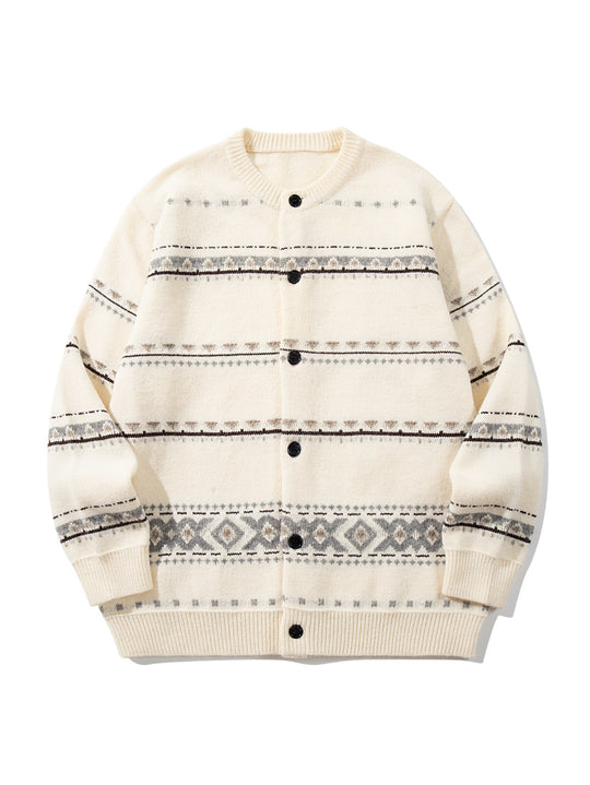 Unisex Strukturierte Jacquard-Strickjacke mit Rundhalsausschnitt, Oversize-Passform und Knopfleiste Nord Taschen