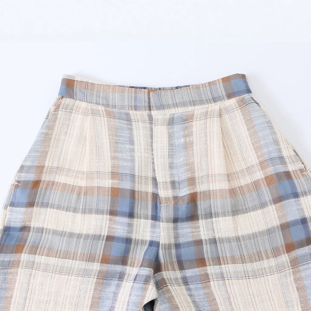 Damen Karierte Leinen-Mix Bundfaltenhose mit Tunnelzug und Schleifenbündchen Nord Taschen