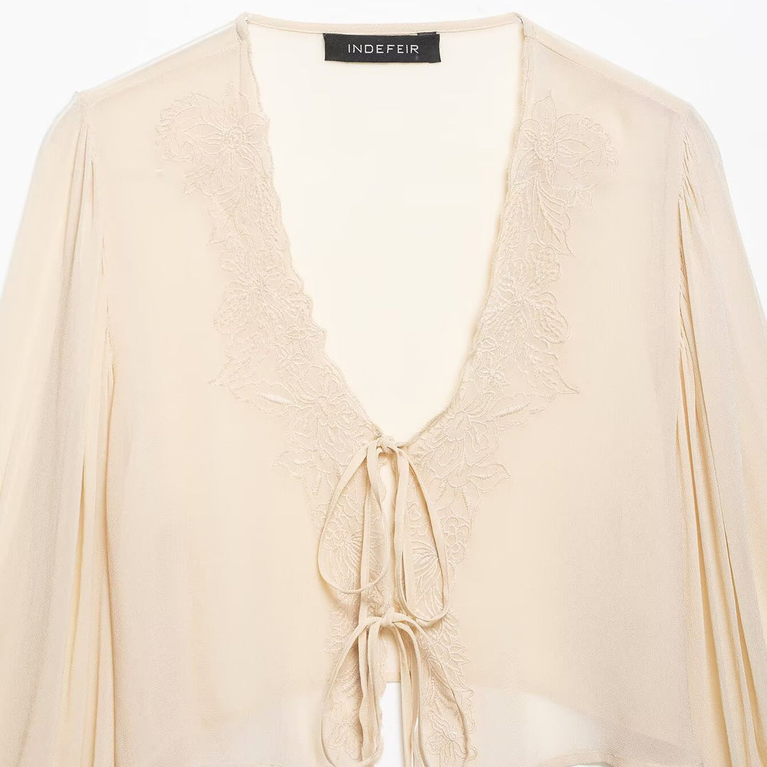 Damen Transparente Chiffon-Bolerobluse mit tiefem V-Ausschnitt, Spitzendetail und Bindebändern Nord Taschen