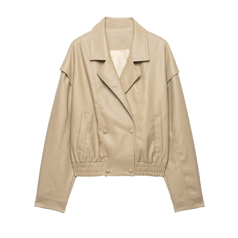 Damen Cropped Lederimitat-Blouson mit doppelreihiger Knopfleiste, weitem Revers und elastischem Saum Nord Taschen