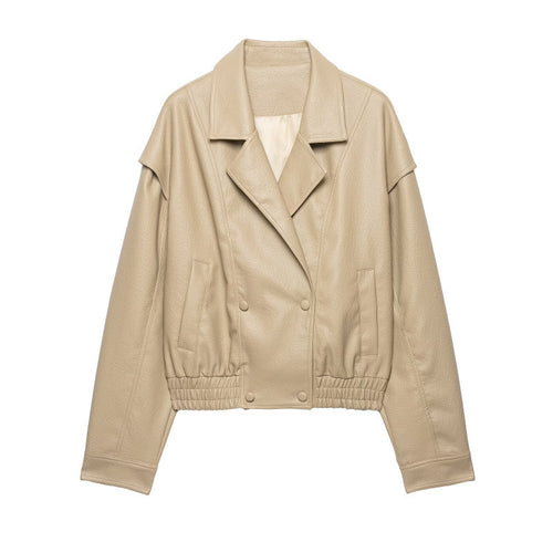 Damen Cropped Lederimitat-Blouson mit doppelreihiger Knopfleiste, weitem Revers und elastischem Saum Nord Taschen