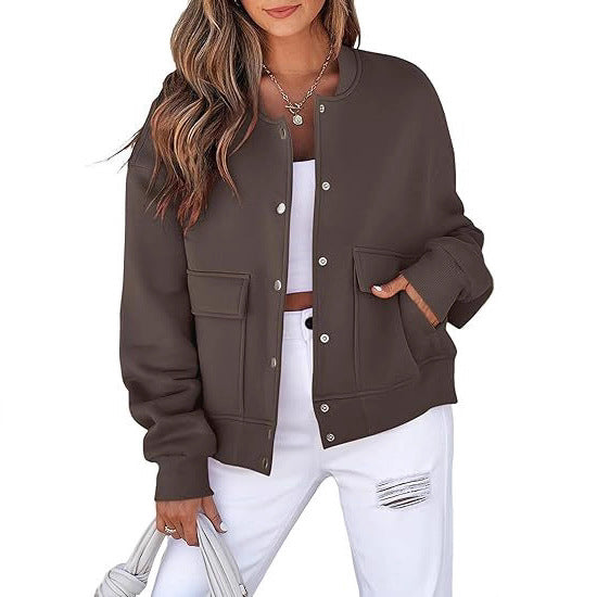 Damen lässige Oversize-Bomberjacke aus Sweatstoff mit Druckknopfleiste und aufgesetzten Taschen Nord Taschen