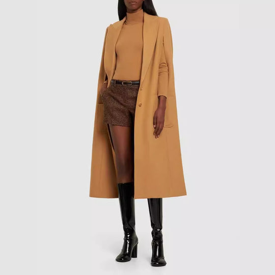 Damen Cape-inspirierter Maxilanger Mantel aus Wollmix mit schmalem Revers Nord Taschen