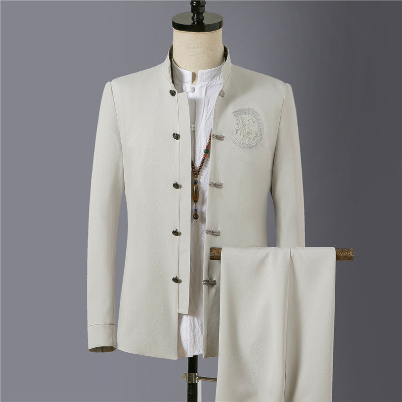 Herren asiatisch inspirierte Mandarinjacke mit Stehkragen, Knotenknopfleiste und tonalem Stick-Emblem Nord Taschen