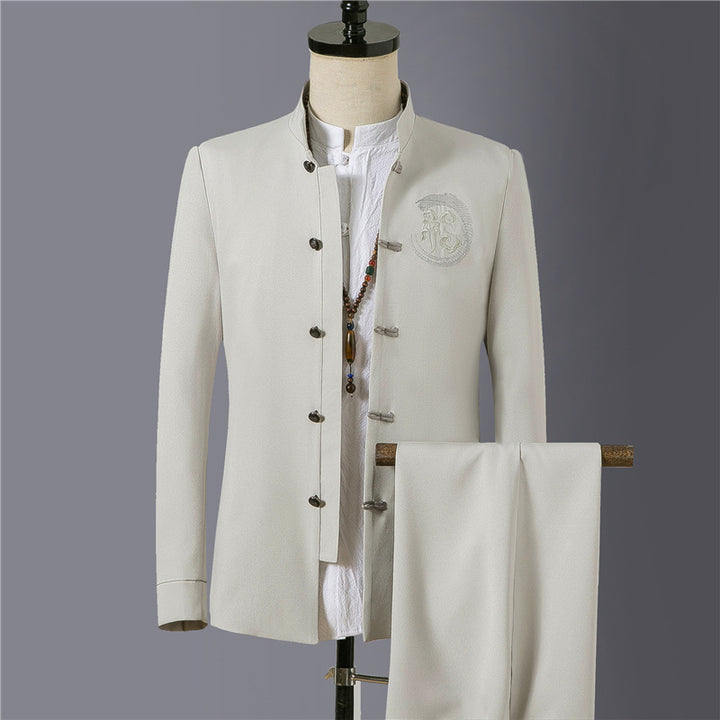 Herren asiatisch inspirierte Mandarinjacke mit Stehkragen, Knotenknopfleiste und tonalem Stick-Emblem Nord Taschen