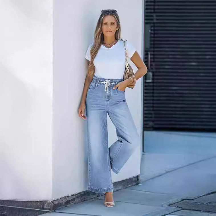 Damen hochgeschnittene Weitbein-Jeans mit Kordelbund und lässiger Culotte-Silhouette Nord Taschen