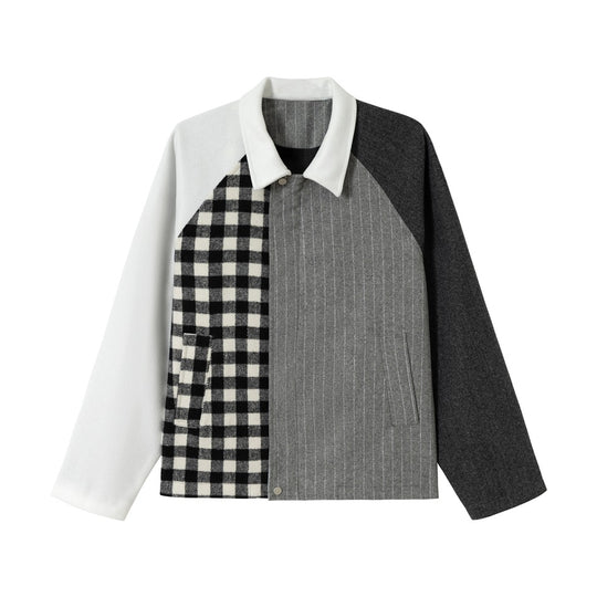 Unisex Kastig geschnittene Patchwork-Blousonjacke aus Wollmix mit Hemdkragen Nord Taschen