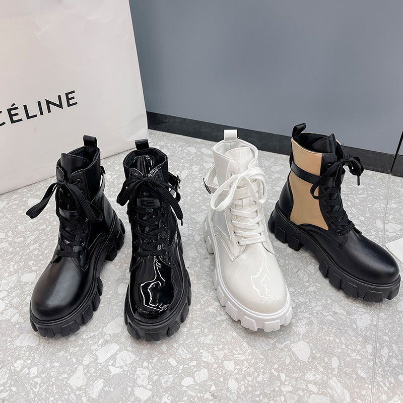 Damen Chunky‑Lug Ankleboots mit patentiertem Lackoberteil, Schnürung und verstellbarem Schnallenriemen Nord Taschen