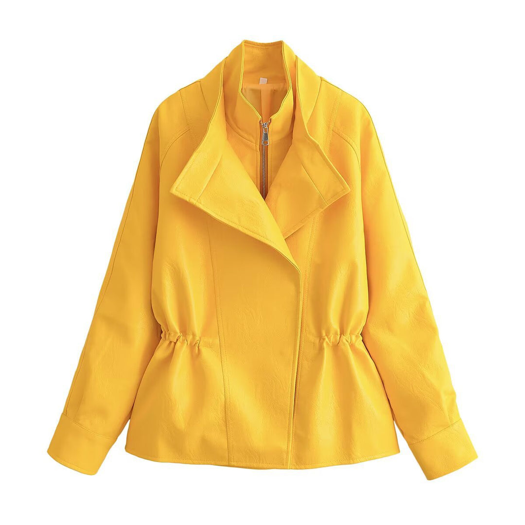 Damen Kurze Kunstlederjacke mit asymmetrischem Revers und taillierendem Tunnelzug Nord Taschen