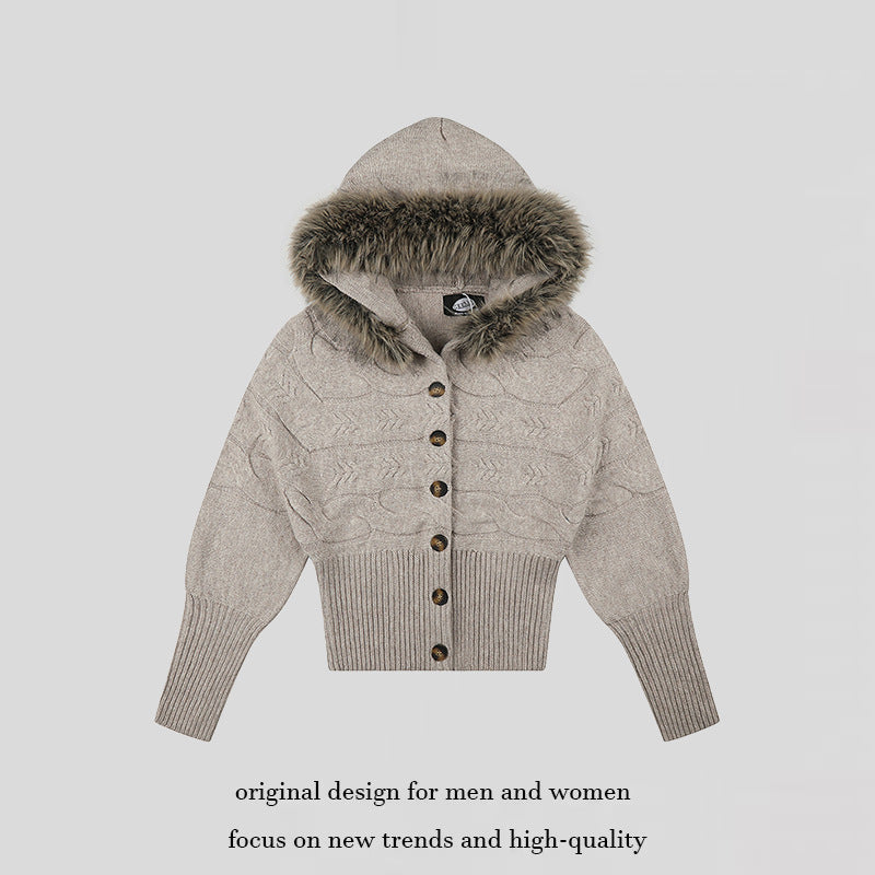 Damen Kapuzen‑Strickjacke mit Zopfmuster, Kunstfellbesatz und tailliertem Rippenbund Nord Taschen