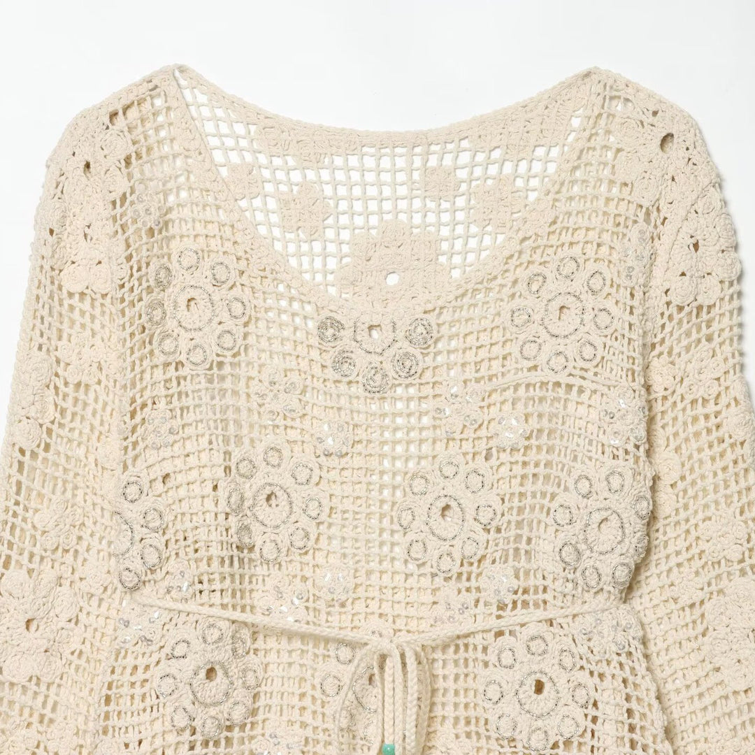 Damen Häkelbluse mit floralem Crochet‑Motiv, V‑Ausschnitt und Tunnelzug Nord Taschen