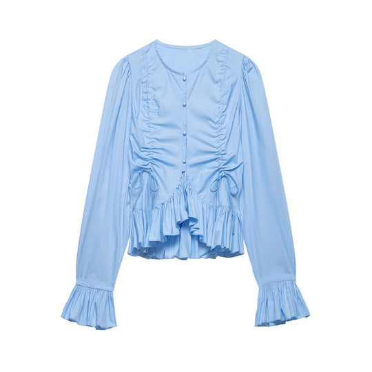 Damen Rüschige Bluse mit Kordelzug, Ballonärmeln und Volant-Saum Nord Taschen