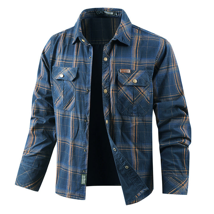 Herren  kariertes Overshirtjacke aus Baumwoll-Twill mit doppelt verstärkten Brusttaschen und verlängertem Schnitt Nord Taschen