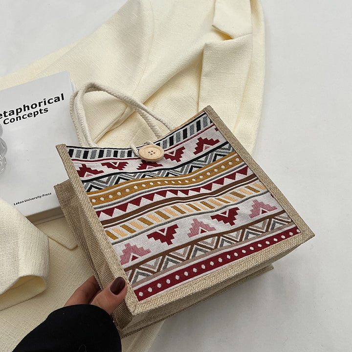 Damen Jutetasche mit buntem Ethnomuster und praktischen Tragegriffen Nord Taschen