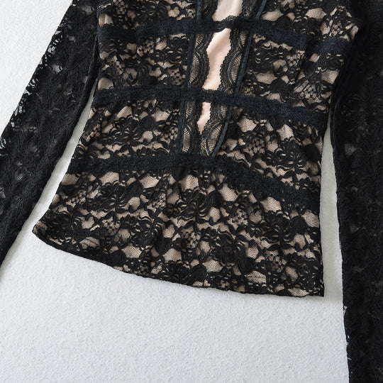 Damen Transparente Spitzenbluse mit V-Ausschnitt, taillierten Einsätzen und langen Ärmeln Nord Taschen