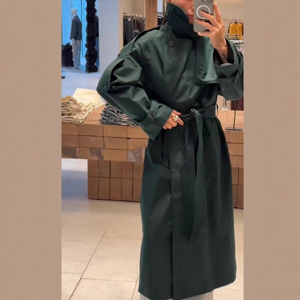 Damen Langer wasserabweisender Trenchcoat mit Taillengürtel und hohem Stehkragen Nord Taschen