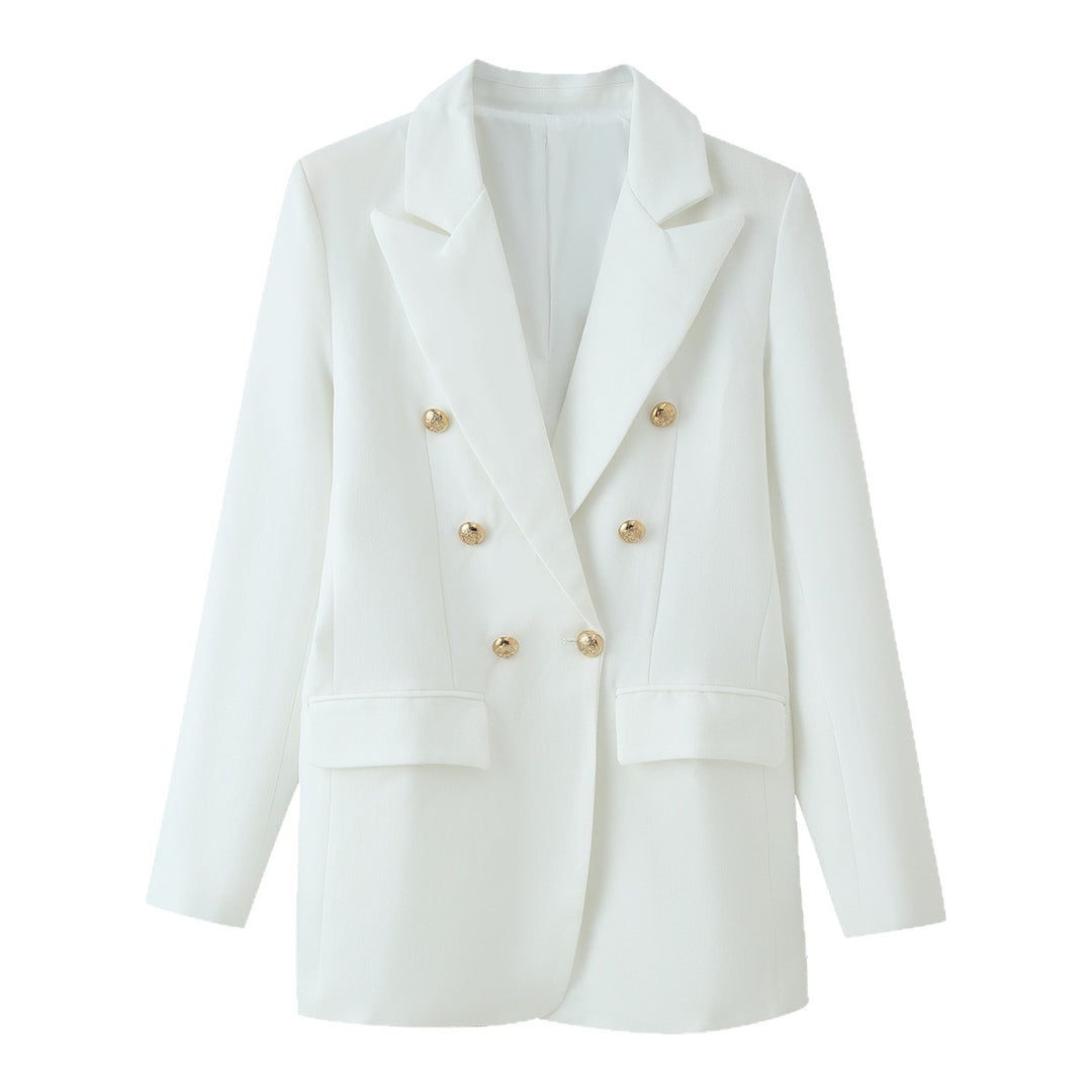 Damen Doppelreihiger Longline-Blazer mit Schalkragen und goldenen Zierknöpfen Nord Taschen