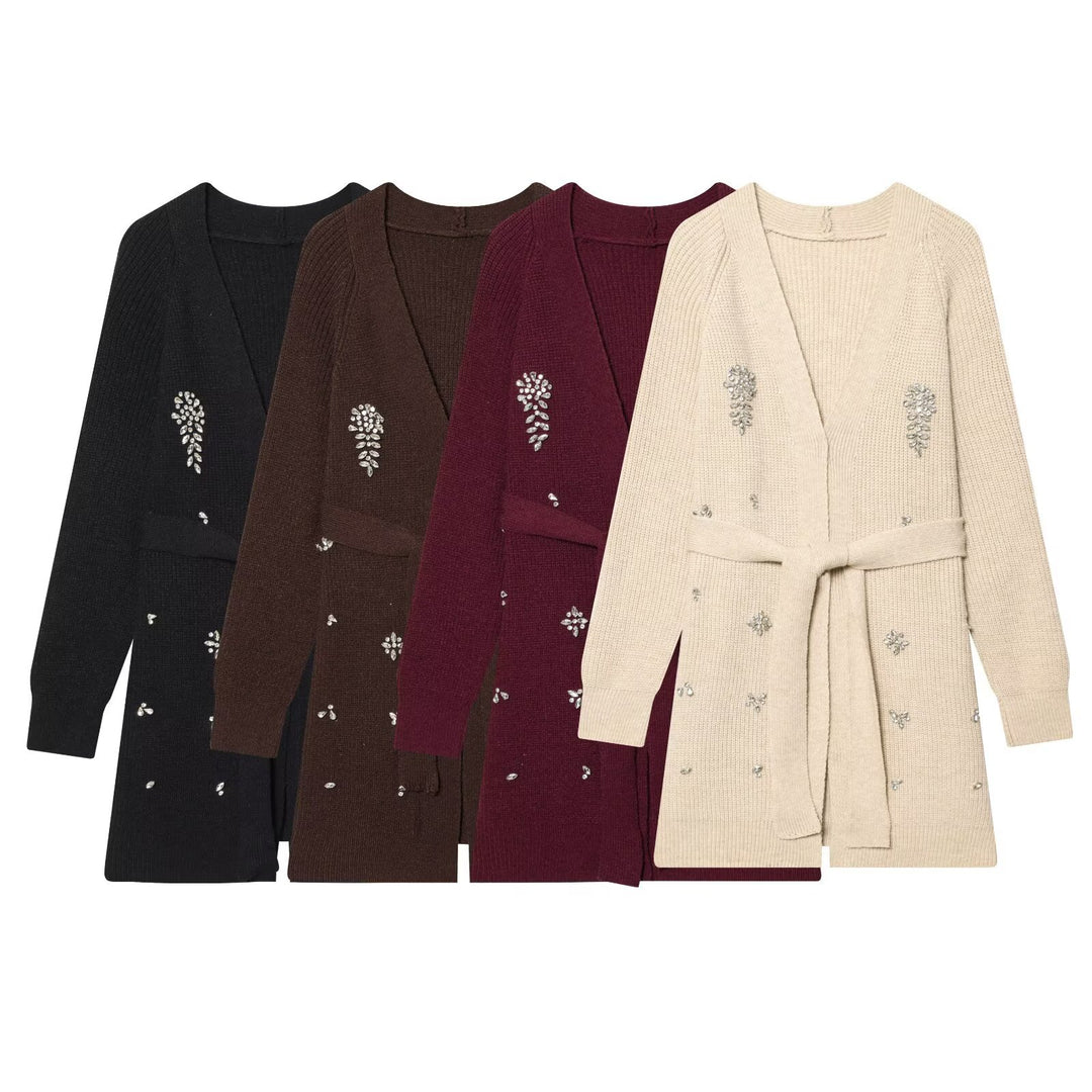 Damen Longcardigan mit Bindegürtel und Schmuckstein‑Applikation Nord Taschen