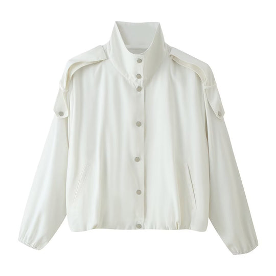 Damen Cropped Windbreaker‑Jacke mit hohem Funnelkragen, Druckknopffront und abnehmbaren Schulterklappen Nord Taschen