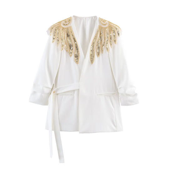 Damen Langline-Blazer mit goldbestickten Schultern und Bindegürtel Nord Taschen