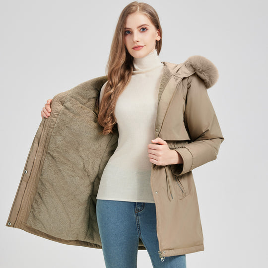Damen nan taillierter Funktionsparka mit asymmetrischer Frontblende, verstellbarem Tunnelzug und windschützendem Stehkragen Nord Taschen