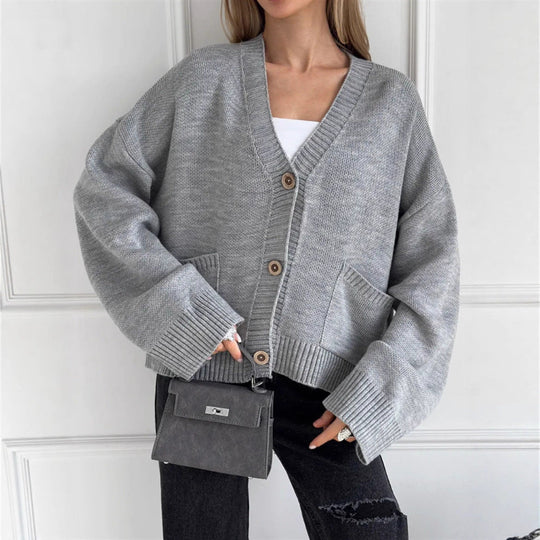 Strickjacke Damen lässig mit Knopfverschluss und großen Taschen