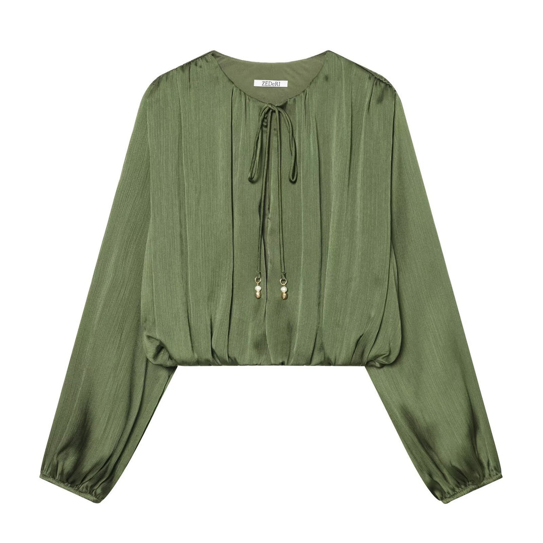 Damen Plissierte Cropped-Bluse mit Kordelzug und Ballonärmeln Nord Taschen
