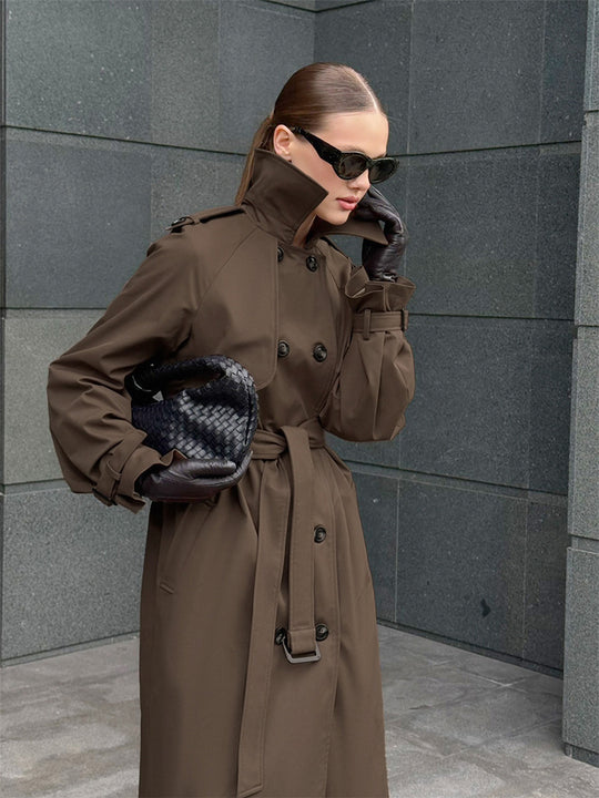 Damen Lang geschnittener wasserabweisender Trenchcoat mit hohem Stehkragen und Taillengürtel Nord Taschen