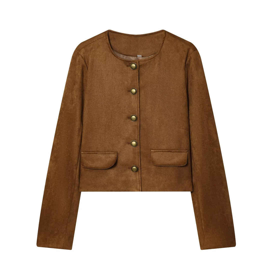 Damen Taillierte Cropped‑Bouclé‑Jacke mit Zierknopfleiste und Pattentaschen Nord Taschen