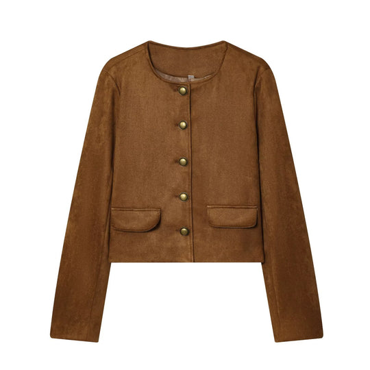 Damen Taillierte Cropped‑Bouclé‑Jacke mit Zierknopfleiste und Pattentaschen Nord Taschen