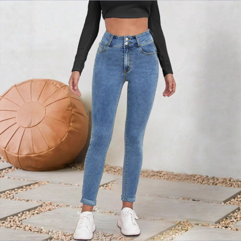 Damen Hochgeschnittene Sculpting-Skinny-Jeans mit Doppelknopf und Umschlag-Detail Nord Taschen