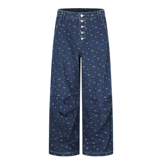 Damen High‑Waist Culotte-Jeans im Palazzoschnitt mit sichtbarer Knopfleiste und feinem Blumenprint Nord Taschen