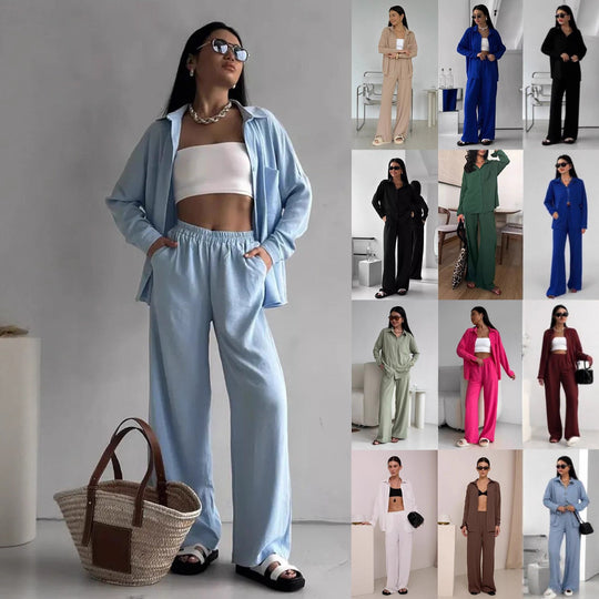 Damen Zweiteiliges Lounge-Set Oversize-Bluse mit Brusttasche und weiter Palazzo-Hose Nord Taschen