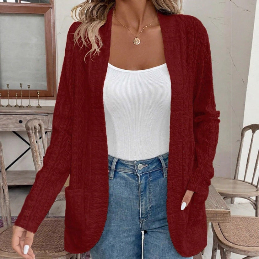Damen Offener Strukturierter Strickcardigan mit Eingrifftaschen Nord Taschen