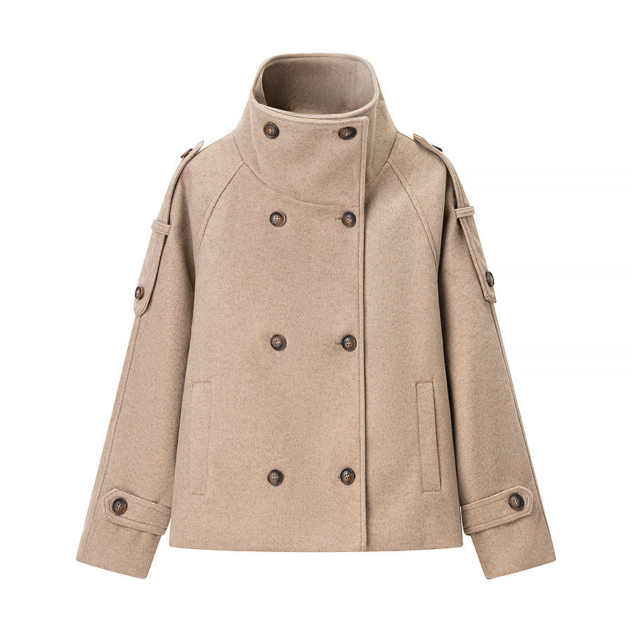 Damen Kurzer Doppelreihiger Woll-Peacoat mit Stehkragen Nord Taschen