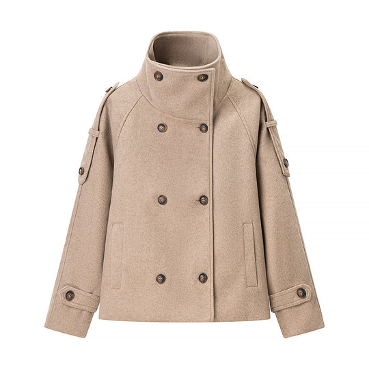 Damen Kurzer Doppelreihiger Woll-Peacoat mit Stehkragen Nord Taschen
