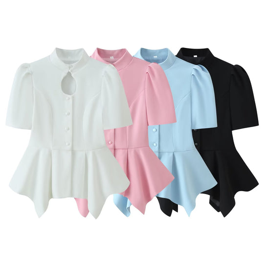 Damen Taillierte Bluse mit Stehkragen, Cut-Out-Ausschnitt und asymmetrischem Schößchen Nord Taschen