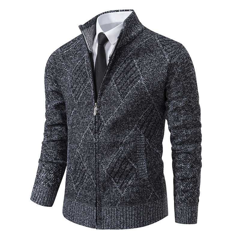 Herren Feinstrick-Zipjacke mit strukturierter Rautenoptik, Stehkragen und durchgehendem Reißverschluss Nord Taschen