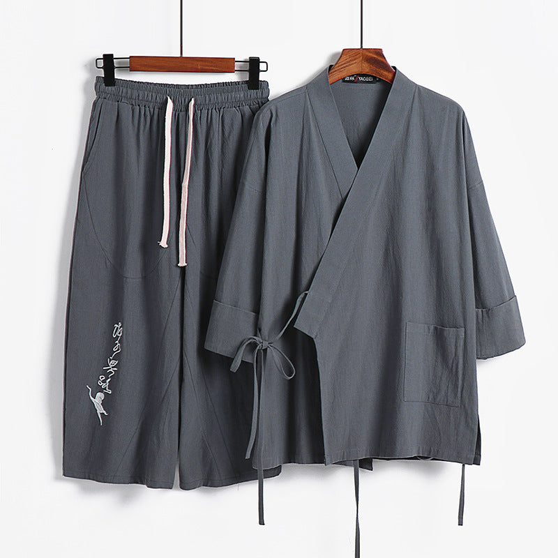 Unisex Leichtes Kimono-Loungewear-Set aus Baumwoll-Leinen mit bestickter Haremshose und Bindegürtel Nord Taschen